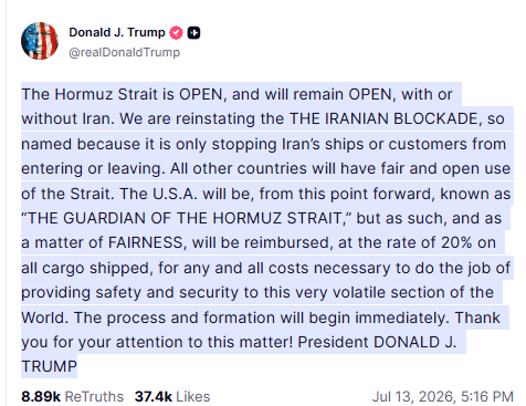 Trump The Hormuz Strait is OPEN, and will remain OPEN, with or without Iran