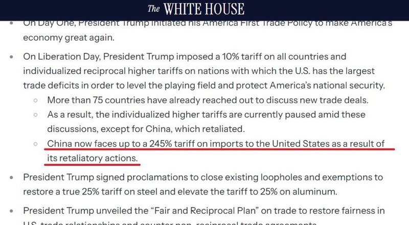 white house impse 245% tarrif on China